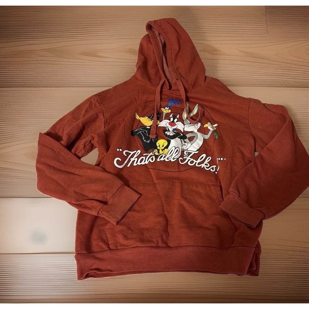 Looney Tunes Girls Juniors Thats All Folks Graphic Hoodie Burnt Orange L 11-13